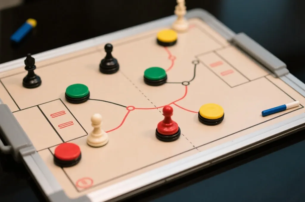 战术板上的磁铁棋子与画出的战术路线,专业分析感