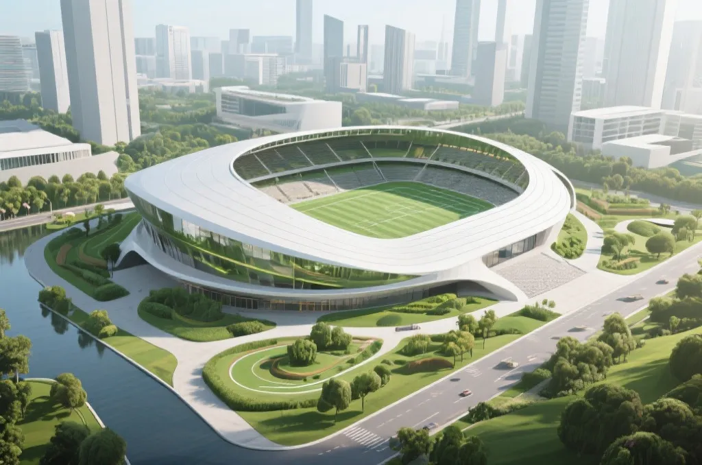 An abstract architectural rendering of a sleek, eco-friendly sports arena surrounded by lush green landscapes and modern city elements
